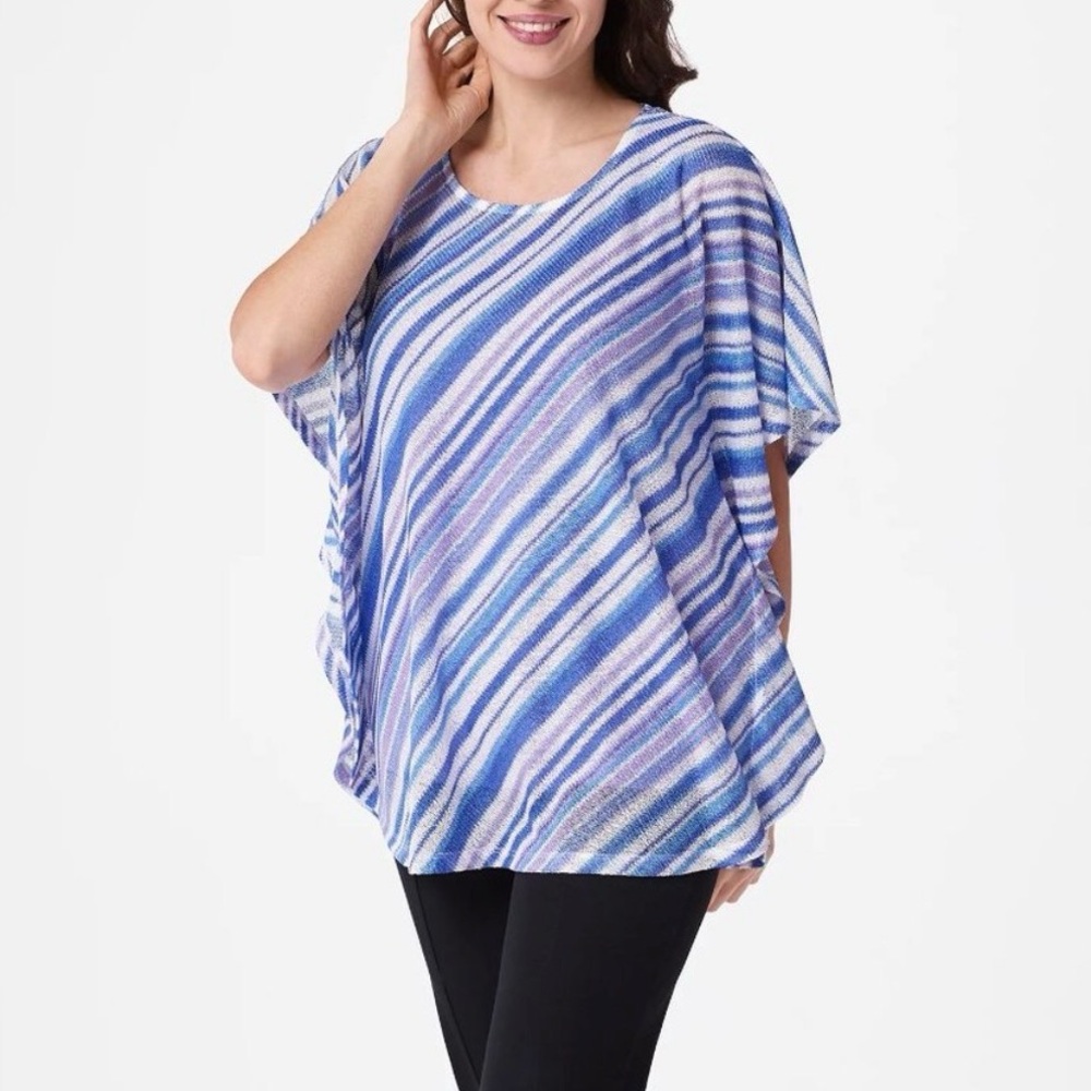 Susan Graver Striped Knit Scarf Poncho Top + Liquid‎ Knit Purple Sleeveless 3X